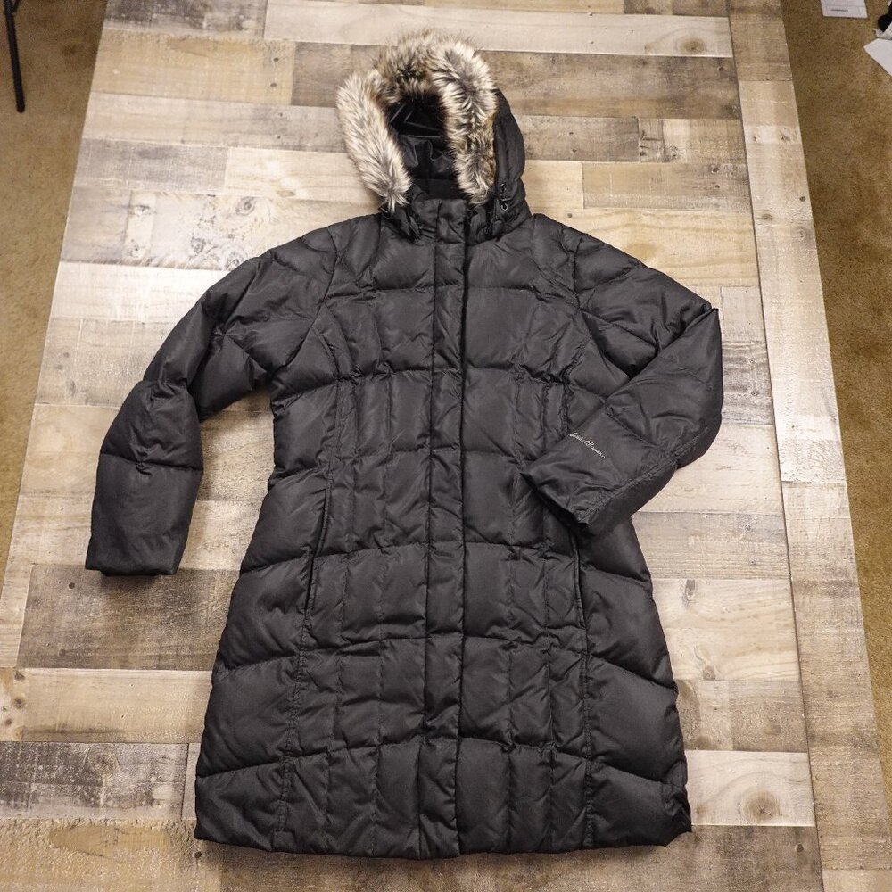 Eddie Bauer Black Down Puffer Coat with Faux Fur Hood‎ – Women’s XL